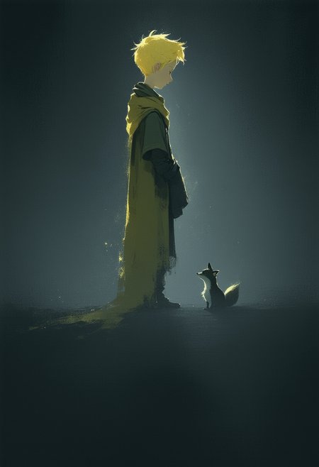 A solitary silhouette of The Little Prince, rendered in a minimalist, impressionistic style. He stands against a flat, midnight black background, illuminated by soft, shimmering white light. He wears a flowing yellow scarf, a textured green cloth garment, and possesses short, blonde hair.  A loyal fox sits attentively at his feet, both forms defined by clear, linear shapes and gentle curves. The composition emphasizes reduction and uniformity, creating a sense of balance and quiet contemplation. Focus on subtle gradients and a dreamlike quality, evoking a poignant memory.