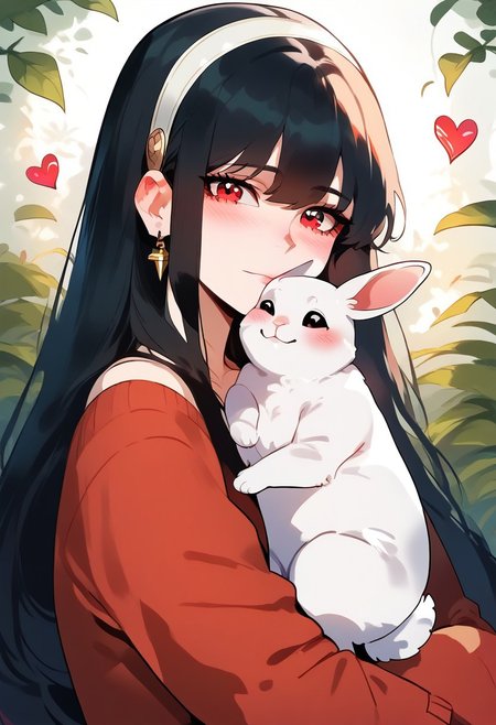 score_9, score_8_up, score_7_up, score_6_up,  <lora:p3tl0v3XLP:1> p3tl0v3, 1girl, Yor_Forger, light skinned female, black hair, red eyes, long hair, hugging a white rabbit,