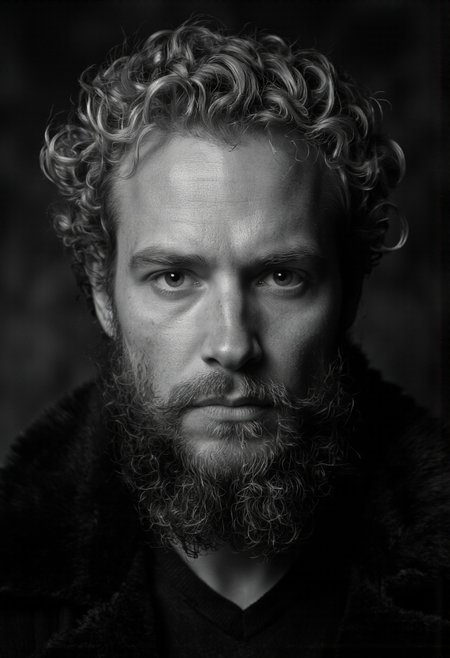 NyxBorne. A black and white portrait shoot from a close-up camera angle about a man with a beard and curly hair, looking directly at the camera with a serious expression. the image also shows a dark, blurry background. on the middle of the image, a man appears to be in his late 30s, with short, wavy blonde hair and a thick beard. he is wearing a dark sweater with a fur collar. the man has a serious, focused expression on his face. his eyes are looking straight at the viewer. his hair is messy and unkempt, and his beard is thick and well-groomed. he has a nose piercing and a full beard. the lighting is soft and diffused, creating a dramatic effect. the overall mood is serious and intense.