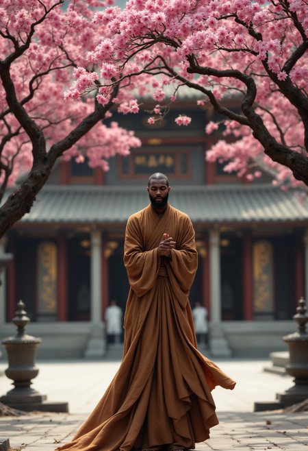 Attractive 25-year-old black guy, a serene shaolin monk standing in the center of a tranquil temple square. The monk's traditional robes and long, flowing beard exude a sense of wisdom and inner peace. His eyes are closed, and his hands are clasped together in a gesture of meditation. The pose is dynamic yet balanced, conveying a sense of harmony between body and mind. The background features a beautiful, historic temple facade with intricate carvings and a delicate roof. In the foreground, a stunning pink cherry blossom tree blooms, its delicate petals a vibrant splash of color against the monochromatic surroundings. The tree is the focal point, drawing the viewer's eye away from the monk's subtle yet powerful presence. The lighting is soft and ethereal, with a warm, golden glow emanating from within the temple. The overall atmosphere is one of stillness and contemplation. 8k highest resolution with sharp intricate details. Hyperrealistic, detailed, and vivid, realism, eroticism, sexual tension, bottom shot,, aidmafluxpro1.1

