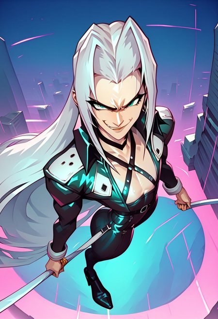 score_9, score_8_up, score_7_up, retrowave, vaporwave, Lofi, detailed closeup action shot, from above, Sephiroth leaping through the air swinging very long sword, long billowing black leather overcoat, one black angel wing, smug expression, dynamic pose, exaggerated perspective emphasizing action, in an industrial city at night, dim street lighting, solo, beautiful, androgynous, flat chest, leather straps, broad shouldered, high contrast, industrial cityscape background,