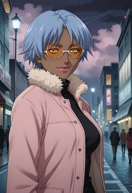 source_anime, D4RK3RTH4NBL4CK, DTB_Style, (XXX Rating), ((score_9)),score_8_up,score_7_up,score_6_up,score_5_up,score_4_up, retro_artstyle, anime style, 1woman, (dark-skinned_female:1.5), solo, solo focus, (april_(darker_than_black):1.3), (short hair), (blue hair), yellow eyes, sunglasses, pink lips, large breasts, (pink coat, winter_coat, fur_trim), Blush, Full-Faced Blush, (long_sleeves), (smile), red face, steam, looking at viewer, facing viewer, masterpiece, best quality, highres, best illumination, depth of field, Artist style:komori_takahiro, public indecency, urban, cloudy, night, cityscape background,  outdoors,