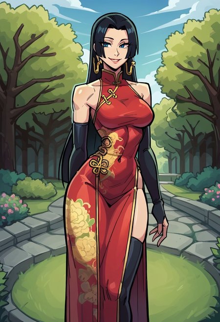 score_9, score_8_up, score_7_up, score_6_up, score_5_up, score_4_up, perfectly detailed face, high quality, source_cartoon, easynegative, NSFW, ((thick outlines, each outlined in heavy black lines,)) marvelrivals, BREAK 1girl(boa hancock), long braid, braid on side, chinese dress, thigh highs, long gloves, bare shoulder, giant snake play with girl, BREAK smile, Standing, modeling, ((sky, trees, garden, chinese garden, ))
