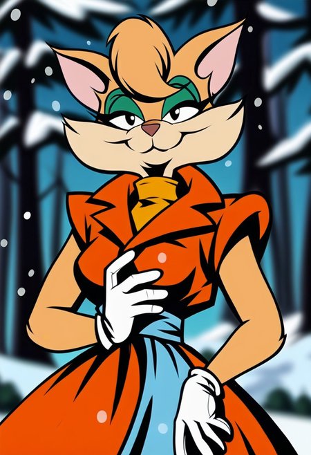 score_9, score_8_up, score_7_up, score_6_up, score_5_up, score_4_up, retro artstyle, BREAK 
Tabitha_Fantomcat,cat girl,short hair,1 girl, furry female, dress, furry, gloves, yellow dress, white gloves, fur, animal ears, snow, breasts, smile, looking at viewer,black eyes, eyelashes, bare shoulders, jewelry, medium breasts, blurry background, makeup, tree, eyeshadow, outdoors
<lora:tabitha-v1:1>
