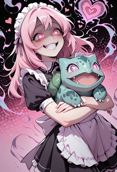 masterpiece, high_quality, highres, flat_colors, gradient, CivChan, artist:moriimee, 1girl  ((holding oversized pink stuffed bulbasaur toy)) crazy_eyes, ((uwu)), glowing eyes, heart-shaped_pupils , maniacal grin, laughing, hair_ribbon  magical_girl open_mouth pink_hair purple_eyes ribbon maid_headdress maid_uniform skirt smile yandere, Dynamic angle, best quality, halftone_background, pink_background, black_background, ethereal_aura,