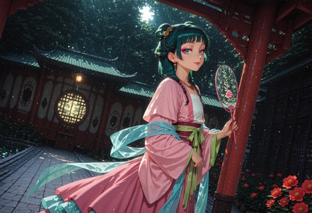 masterpiece, best quality, amazing quality, very aesthetic, absurdres, dynamic angle, ultra-detailed, highly detailed, cinematic lighting, realistic shading, intricate details, soft lighting, high contrast, depth of field, perspective,
BREAK
ADGPMao2, 1girl, green hair, blue eyes, flat chest, pink lipstick, pink eyeshadow, GPhairstyle, official alternate hairstyle, low twintails, hair beads, hair over shoulder, hair rings, gold rose hair ornaments, official alternate costume, bell earrings, flower necklace, duijin ruqun, pink daxiushan, wide sleeves, white hezi, blue hagoromo, red flower, pink sash, green long ribbon, pink long skirt, layered skirt,
BREAK
upper body, from side, holding transparent fan, tuanshan, standing, looking to the side, smile, outdoors, east asian architecture, pavilion, garden, pond, day, 