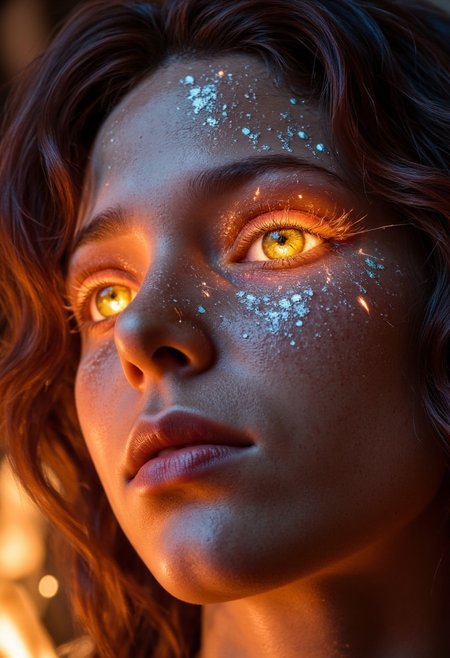 A macro shot of eyes where the makeup creates a living firework display, with bursts of neon pink, gold, and turquoise exploding across the lids in real-time, leaving trails of sparkling dust. The lashes are made of crackling sparks, fizzing with energy, and her irises glow like the heart of a supernova, radiating light. The scene is lit by a vibrant, celebratory glow, captured with a Panasonic Lumix S1R, .rw2 file, emphasizing the dynamic, impossible explosions.
, aidmarealisticskin, aidmabaldursgate3