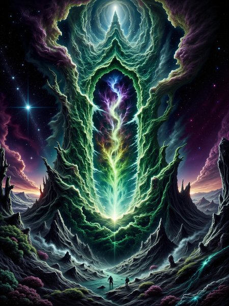 highly detailed and surreal sci-fi horror painting of a symmetrical gothic sci-fi dimension portal, movie poster style, blending supernatural elements with an atmosphere of haunting mystery, an eldritch landscape on a distant world, under a vast, dark sky lit with a galactic nebula and fractal, swirling clouds, the terrain is covered in strange alien plants and littered with bizarre rocks, pools of phosphorescent glowing liquid cast an eerie glow, the central focus is a towering, ominous dimensional portal in a gothic sci-fi architectural style suspended above a crater, its edges crackling with unnatural energy, glowing with swirling hues of deep purples, greens, and blues, ghostly shapes within the portalâs glowing core hint at terrifying, otherworldly creatures, in the foreground, twisted alien vegetation with serrated leaves and surreal, fractal shapes frame the portal, adding an unsettling atmosphere to the landscape, wafts of glowing mist drift across the terrain, the portal dominates the scene, towering over everything and casting a menacing glow that warps the ground below, radiating power and darkness, it draws the viewerâs eye to its shifting, mesmerizing light, while in the background, shadowed outlines of colossal, crumbling statues of forgotten alien deities stand as silent witnesses to the desolation, their faces worn smooth by time, the portals core seems to be alive, its swirling energy shifting and flickering, exuding a sense of deep, ancient malevolence, shadows from the alien foliage twist in the portalâs glow, creating an ever-shifting pattern across the rocky ground, adding to the ominous tension, the image is shot from a low angle, looking upward toward the portal, giving it an overpowering, towering presence, while capturing the alien plants in the foreground and the crumbling statues in the background, the angle adds depth and scale, emphasizing the vast, desolate landscape, soft, light from the portal glows with unnatural hues, casting a ghostly radiance across the landscape, while tendrils of glowing mist move and twist through the scene, creating an ethereal, dreamlike quality, scattered phosphorescent pools add hints of turquoise light, contrasting with the portalâs dark architecture, enhancing the mysterious atmosphere, painted in oil on canvas, intricate details, james web space telescope, cosmos, nebula in the sky, dnd_grainyboyz, 1970s dark fantasy artwork, <lora:style-dnd_grainyboyz-flux-by_kimwithdapuss:0.72> <lora:james_webb_space_telescope-flux-by_motimalu:0.52> <lora:image_enhancer-flux-by_dever:0.8>