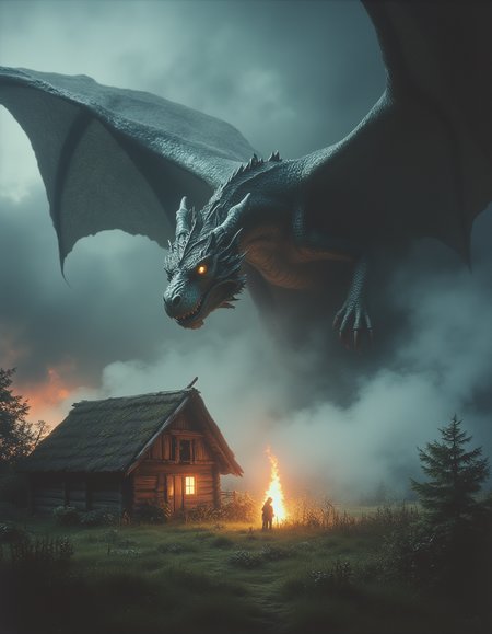 Dark fantasy art of a dragon flying over the farm land, blowing fire at the farmerâs wooden cottage, smoky, cloudy sky, grim atmosphere 
 <lora:80s_Fantasy_Movie:1> ArsMovieStill, 80s Fantasy Movie Still
