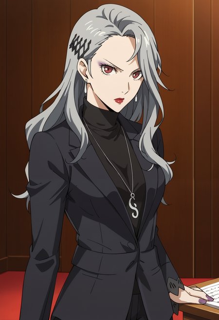 score_9, score_8_up, source_animem
1 girl, solo, cute face,
p5sae, sae niijima, long hair, grey hair, lipstick, makeup, jewelry, earrings, necklace, pendant, red lips, purple eyeshadow,
p5sae, p5sae-default, jewelry, earrings, pendant, pant suit, formal, turtleneck, suit, purple nails, nail polish,
courtroom, looking at viewer, grimace, angry,
masterpiece, best quality, ultra detailed,