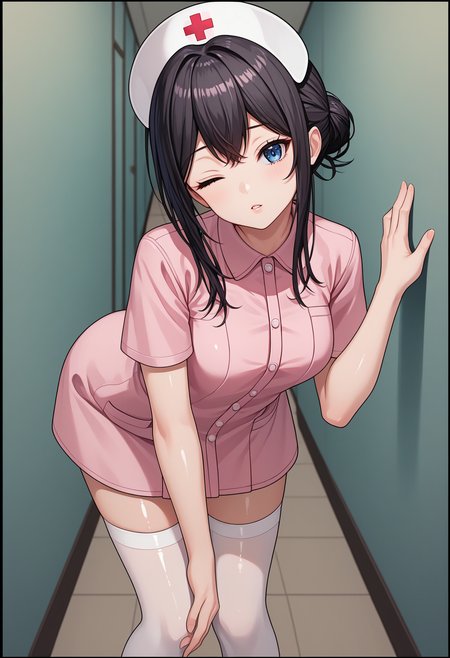 score_9, score_8_up, score_7_up, source_anime, rating_explicit,
BREAK
1girl, solo, 
<lora:shiYumenaIshikawaV1:1>, shinishikawa, 
long hair, hair between eyes, blue eyes, hair bun, 
pink shirt, black hair, white headwear, 
nurse cap, nurse, short sleeves, pink dress,  white thighhighs, 
shiny skin, 
looking at viewer, parted lips, one eye closed, head tilt, leaning forward, bent over, hallway,
