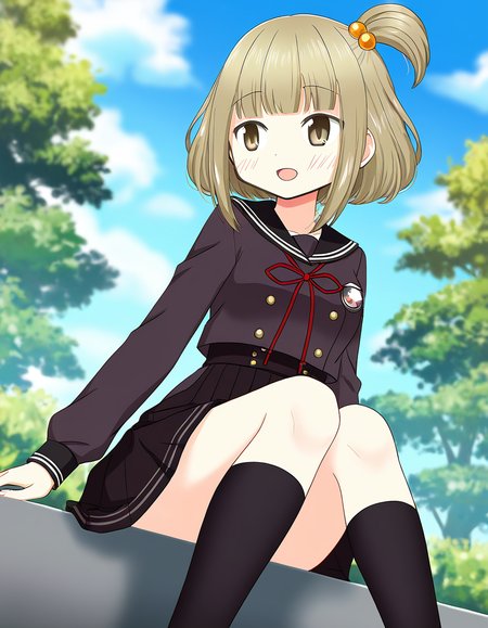 masterpiece, best quality, newest, absurdres, highres, safe, 1girl, hiroe chiharu \(school uniform\), magia record: mahou shoujo madoka magica gaiden, one side up, kneehighs, solo, sitting, open mouth, outdoors, dutch angle, <lora:hiroe_chiharu_noobaiXLNAIXL_vPred10Version:0.7>
