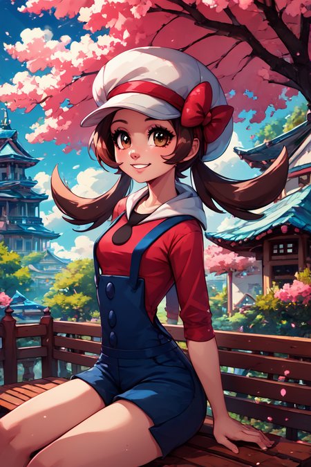 score_9, score_8_up, score_8, medium breasts, (curvy), cute, eyelashes,       BREAK, , ,,, zzLyra, brown eyes, brown hair, twintails, long hair, white cabbie hat, red hat bow, red shirt, blue overalls, <lora:Lyra_Pokemon_PDXL:1.0>, ,,,, BREAK, sitting on bench, side view, smile, looking at viewer, cowboy shot,  ,,, BREAK, pnkBldng, sky, day, cloud, tree, blue sky, building, architecture, east asian architecture,  ,,, BREAK, embedding:zPDXL, Expressiveh,  ,,, <lora:PinkBuildingsPDXL_v2:0.6>, <lora:SDXLFaeTastic2400:0.5>, <lora:Expressive_H-000001:0.4>