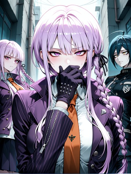 masterpiece, best quality, absurdres, amazing quality <lora:cfg_scale_boost:0.3> <lora:StS-Illustrious-Detail-Slider-v1.0:3> <lora:StS_Age_Slider_Illustrious_v1:3>,detailed_background,outdoors,hand over own mouth,looking at viewer,buttons,hair between eyes,orange necktie,jacket,short hair,purple jacket,narrowed eyes,1girl,long sleeves,black jacket,double-breasted,side braid,vertical-striped sleeves,eyelashes,danganronpa: trigger happy havoc,black gloves,covering own mouth,collared shirt,open clothes,single braid,long hair,collared jacket,saihara shuichi,braid,striped jacket,black hair,school uniform,upper body,bags under eyes,gloves,purple eyes,ribbon,hair ribbon,1boy,danganronpa v3: killing harmony,striped clothes,necktie,danganronpa \(series\),ahoge,shirt,open jacket,yellow eyes,black ribbon,highres,hellshake yuli,kirigiri kyoko