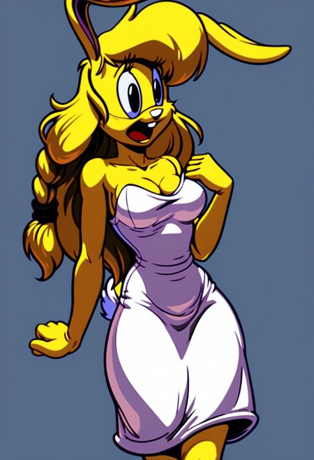 score_9, score_8_up, score_7_up, score_6_up, score_5_up, score_4_up, retro artstyle, BREAK 
LoriJackRabbitPXL, rabbit girl,long yellow hair,yellow skin,1girl, solo,yellow hair, dress, breasts, white dress, braid, cleavage, long hair, female, medium breasts, open mouth,yellow skin, black eyes, parody, single braid
<lora:lorijackrabbit-v1:0.9>