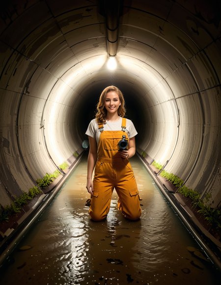 A young woman, April O'Neil, stands confidently in front of a large, circular sewer pipe,L4rg3 s3w3r p1p3. She has vibrant red, shoulder-length wavy hair and wears her iconic bright yellow jumpsuit with utility-style details, such as rolled-up sleeves and visible pockets. A brown utility belt is fastened around her waist. She holds a microphone or a small camera in one hand, highlighting her role as a journalist. Her expression is determined and slightly smiling, radiating courage and curiosity.
The sewer pipe behind her is massive and weathered, with green moss and moisture stains around its edges. The interior of the pipe is dark and shadowy, while the exterior is illuminated by soft natural light. There is a small puddle of water or wet ground in front of the pipe, reflecting faint light.
The background features an urban, industrial setting with worn brickwork surrounding the sewer opening, showing signs of age and decay. Small wild plants and grass grow around the base, adding a touch of nature to the scene.
The lighting is soft and dramatic, with natural sunlight streaming in and casting gentle reflections on the ground and inside the pipe. The image is styled as a semi-realistic illustration with vivid, bright colors for April O'Neil, contrasting with the muted, earthy tones of the background. The overall mood is adventurous and cinematic.<lora:SDXLFaeTastic2400:0.4> <lora:extremely_detailed:0.4> extremely detailed, <lora:L4rg3_s3w3r_p1p3:1>, Masterpiece,best quality,hi res,8k,hi res,8k,award winning,(sharp focus, intricate, highly detailed),