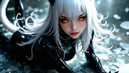 An extreme photorealistic upper body shot of a voluptuous body with hourglass body frame cat girl with mesmerizing golden eyes and slit pupils like cat eyes. She has long, flowing two-tone hair, white and black,  with striking, unrealistic beauty. Her pink lips curve slightly to reveal sharp fangs, and her long fingernails are a key feature of her sleek cat suit.Include tiny imperfections like pores, faint freckles, and slight skin texture variations to add realism.Realistic lip texture with soft lines, slight gloss, and natural color variation.Individually rendered eyebrow hairs with natural variation in direction, length, and thickness.Variation in hair strand thickness, with some thinner and finer than others.Detailed texture on the cat suit, showing the weave or material pattern, such as leather, spandex, or velvet.Shadows that move with the character, responding to her position and the light source accurately.A background of shattered glass with light refracting through the cracks, creating intricate patterns.
She sits with her legs outstretched in front of her, reaching forward with both hands, as if trying to grab something just out of reach.































