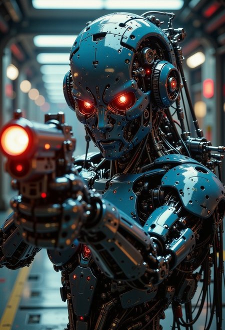 A digital artwork in the style of cknc,  in the style of ck-ncr, a_skynet_cyberdyne_craft, the image is featuring a high-end cyborg female battle terminator robot, ceramic material, looking at viewer, mechanical eyes, with glowing red lights and diodes, aiming blaster gun at viewer, dimly illuminated cyberpunk corridor, neo, bokeh