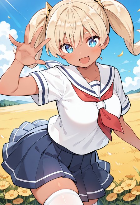 1girl, solo, (field:1.2), (blue sky:1.2), looking at viewer, smile, 
saotome_kanon, blue eyes, blonde hair, twintails, dark-skinned female, dark skin, school uniform, serafuku, red neckerchief, white sailor collar, short sleeves, pleated skirt, blue skirt, white thighhighs, <lora:saotome_kanon_illustrious_ver1:0.8>, masterpiece, best quality, general,, (cowboy shot, dynamic pose:1.4),