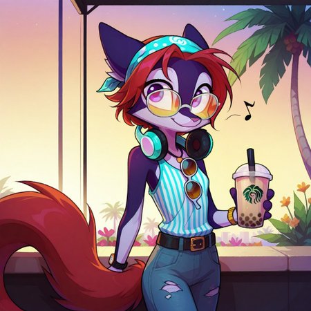Dreamkeepers,Indi_and_Digo,1girl,solo,furry,tail,source_furry,,red hair,purple fur, purple eyes,
masterpiece, child, kid, 
masterpiece, best quality, good quality, very awa, newest, highres, absurdres,  solo, looking at viewer, smile, shirt,  holding, closed mouth, , bare shoulders, flower, cowboy shot, sleeveless, pants,  belt, necklace, striped clothes, bracelet, cup, torn clothes, sleeveless shirt, headphones, sunglasses, denim, holding cup, musical note, black belt, watch, drinking straw, striped shirt, jeans, shirt, pants, drink, palm tree, bandana, eighth note, wristwatch, tinted eyewear, disposable cup, unworn eyewear, headphones around neck, vertical-striped shirt, holding drink, bubble tea, orange-tinted eyewear, eyewear hang, limited palette,