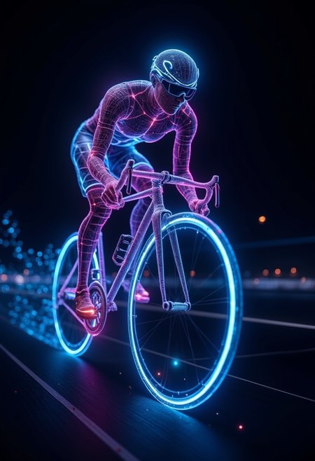 In this eye-catching digital artwork, a neon-lit racing cyclist in wire form glides seemingly effortlessly across a sleek, futuristic background. The black space serves as a canvas for the glowing blue and purple lights that seem to pulse along the rider's face, giving the work a sense of movement and energy. The contrast between the illuminated areas and the dark background creates a striking visual effect and emphasizes the sleekness of the racing cyclist. This work demonstrates the artist's ability to combine traditional art techniques with digital technology, resulting in a stunning holographic style image that captivates the viewer. ,  <lora:FluxDFaeTasticDetails.safetensors:0.8> <lora:glowing_flux.safetensors:0.8>,