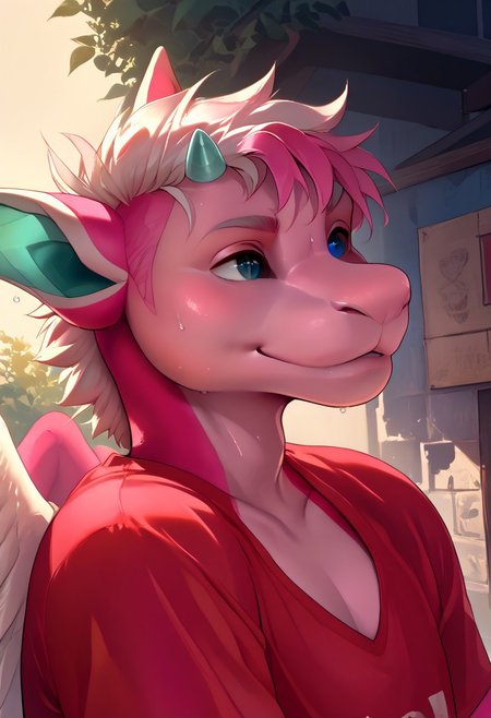 score_9, score_8_up, score_7_up, (by shinodage), outdoor, sexy, sweat, dutch angle, looking aside, high quality, hires, solo, anthro, furry, detailed background, detailed eyes, emotional, easynegative, Split Lighting style,
lumi_senpaiithon, dragon, horns, pink body, anthro, hair, blue tongue, 1boy, heterochromia, smile, colored sclera, black sclera, pink skin, male focus, wings