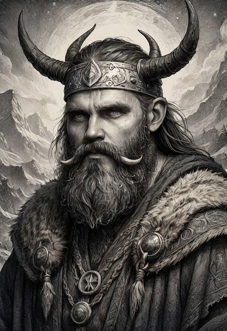a black and white drawing of a bearded man with horns, norse god, male god svarog portrait, viking god, by Roman Bezpalkiv, by Tadeusz Pruszkwski, by Nikola Avramov, tuomas korpi and wlop, greybeard, painted portrait of rugged odin, 0 fantasy proto-slavic mythology, INK ART
