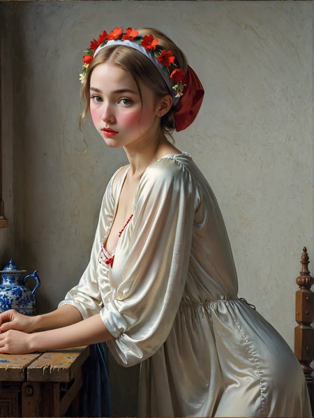 (Painting by by Johannes Vermeer), masterpiece:1.20, simple watercolor:1.5, uhd, hdr, 8k, unreal engine 5, ray tracing:1.20, low light painting, dramatic cinematic lighting, vibrant colors, vivid colors, strong colors,  Award-winning full body painting of a beautiful young girl standing leaning forward displaying her breasts at afternoon in a Dutch fishing village, bent over to viewer, (daintly young girl:1.30), wearing a loose delicate nightgown, (hugging herself), wearing a Flower headband, looking down sideways, head tilt, (snub nose:1.4, red cheeks:1.20), prominent cheekbones, (shy:1.20), embarrassed:1.10, perfectly circular breasts, huge breasts, minimal makeup, glossy skin:1.40, adorable face, natural beauty, beautiful eyes, shiny eyes, chrystal clear eyes, perfect eye pupils, symmetrical eyes, goosebumps, natural body hair, toned skin, hourglass figure, slim waist, slim figur