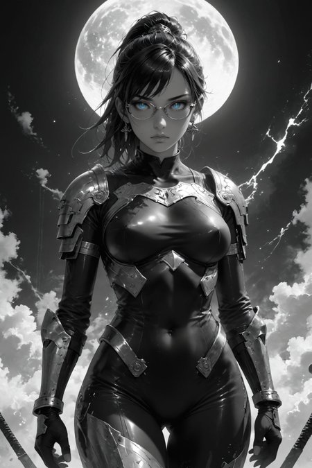 realistic,detailed background,Cinematic Lighting,film grain,score_9,score_8_up,score_7_up,masterpiece,best quality,highly detailed,
<lora:(增强)sdxl_lightning_8step_lora:1>,<lora:glowneon_xl_v1:1>,(glowing),<lora:hand 4:1>,hand person,<lora:Expressive_H:0.8>,Expressiveh,<lora:MythM4ngaStyle:0.8>,<lora:th3rm4lXLP:0.4>,th3rm4l,colorful,
1girl,armor,bodysuit,breastplate,big breasts,collarbone,earrings,glasses,blue sword,looking at viewer,mole under eye,monochrome,moon,ponytail,solo,blue theme,blue eyes,fantasy,solo focus,epic,concept art,greyscale,thighs,