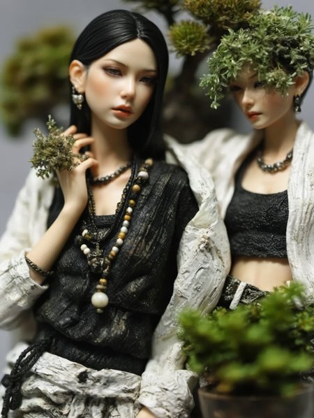 resin material style, close up, black and white outfits, sensual poses, intricate accessories,  weathered textures, miniature plants,  <lora:è¶ä½¬V1:0.7>
