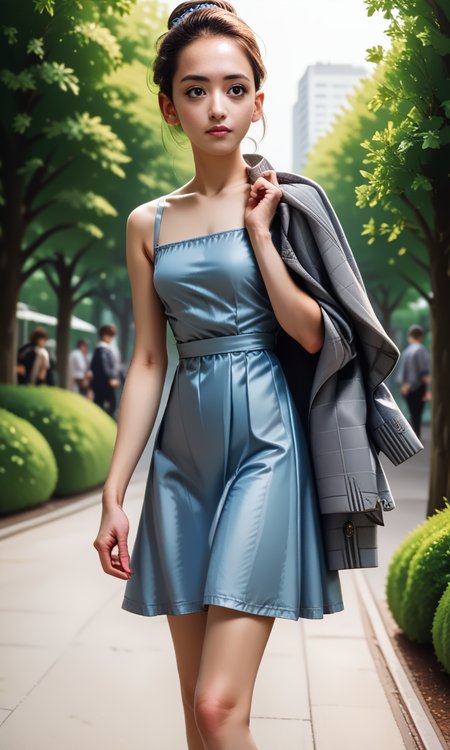 score_9, score_8_up, score_7_up, score_6_up, score_5_up, score_4_up,   slim girl in park ,  jakosho,    gray jacket over shoulder,  short blue dress,   <lora:JacketOverShoulderPony:1>