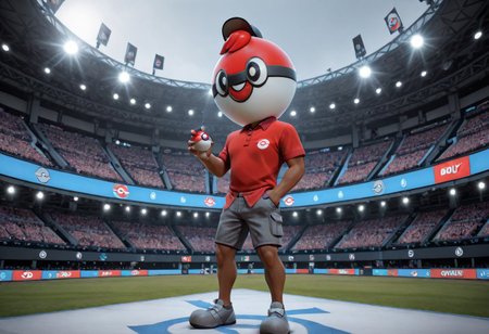 masterpiece, absurd res, best quality, newest, 2024, 8k, 4k, solo male, solo, BallGuy, poke ball helmet, dark skin, shorts, red collared shirt, holding poke ball, one arm outstretched, one hand out, holding, hand in pocket, standing, grey shoes, pokemon battlefield, stadium, crowd, nighttime, spotlights, advertisements, banners, Jumbotron,