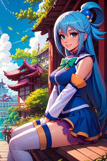 score_9, score_8_up, score_8, medium breasts, (curvy), cute, eyelashes,       ,,, , ,,,  zzAqua, blue hair, long hair, blue eyes, single hair rings, hair ornament, looking at viewer,  detached sleeves, skirt, shirt, thighhighs, bare shoulders, white thighhighs, blue skirt, blue shirt, green bow,  <lora:Aqua_Konosuba_PDXL:0.8>,  ,,,, BREAK, sitting on bench, side view, smile, looking at viewer, cowboy shot,  ,,, BREAK, pnkBldng, sky, day, cloud, tree, blue sky, building, architecture, east asian architecture,  ,,, BREAK, embedding:zPDXL, Expressiveh,  ,,, <lora:PinkBuildingsPDXL_v2:0.6>, <lora:SDXLFaeTastic2400:0.5>, <lora:Expressive_H-000001:0.4>
