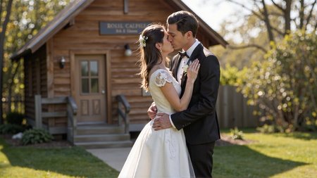 Candid photography of a couple embracing and kissing in front of a charming country chapel. The bride is wearing a stunning white wedding dress with intricate lace details with jet black hair, and the groom is dressed in a classic black tuxedo. They are standing in front of the small, wooden chapel on a sunny day. The bride's arms are crossed in front, and the groom's hands are gently placed on her waist. The soft sunlight illuminates the scene, creating a romantic and joyful atmosphere. The chapel and nature surrounding them add to the peaceful and loving moment. <lora:Sherry-00:1><lora:SelestaFlux1:1>