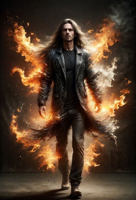 ral-dissolve, a man walks out of the flames, long hair, fluttering jacket, long tongues of flame, mystical dark mood, ral-vlntxplzn