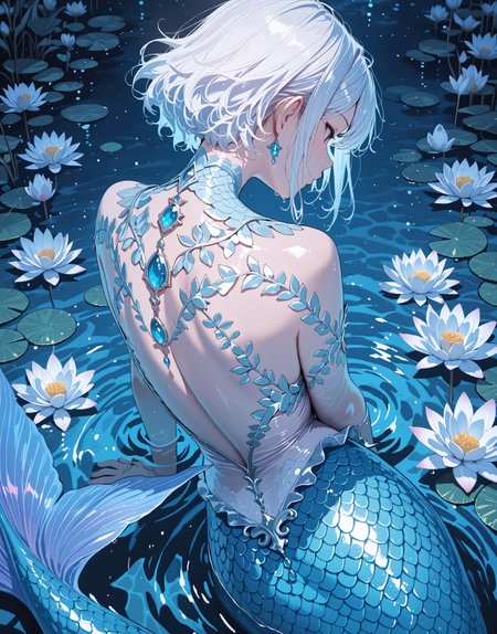 masterpiece, best quality, very aesthetic, absurdres, stylized, newest, depth of field, HDR, high contrast, sharp focus, 8k resolution, digital art, anime style, vibrant colors, photorealistic, smooth gradients, fantasy art style, cinematic lighting, mystical aura, art nouveau inspired, (soft lighting:1.2), (lighting from above:1.2), (scenery), (detailed background design), Anime girl, 1girl, solo, Beautiful, ethereal anime mermaid (ethnicity:1.0), (detailed clothing:1.2), (accessories:1.1), (facial features:1.3), (expression:1.2), (body type:1.1), (pose:1.2)  with flowing white hair, center frame, facing slightly to the viewer's left, in a tranquil water scene. (Detailed skin texture:1.2), (detailed scales:1.2), blue-toned, glittery, ornate, mermaid tail, ornamental tattoos and jewelry detailed with gemstones, and delicate floral motifs adorning her back. Aquatic environment, lily pads, and water lilies with soft lighting and ambient glow. Deep blue water,  lush underwater landscape. Soft, cool color palette with pastel tones, suggestive of underwater light effects,  (detailed floral patterns:1.2). Digital painting style, highly detailed, beautiful composition,  character design art. Photorealistic, anime, artistic style.