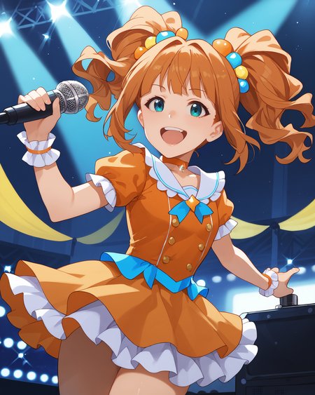 pinup of 1girl, solo, idol concert, singing on stage, cheerful, smile, open mouth, microphone, orange theme, stage lights, white pillar, multicolored neon, large television, glint, light particles,
<lora:TakatsukiYayoi_pony_v1:0.9> tktkyyi, long hair, orange hair, twintails, bangs, aqua eyes, hair ornament, flat chest, small breasts, idol clothes, orange dress, short sleeves, white frills, frilled wristband, skirt, thighs, jewelry, choker,, score_9, score_8_up, score_7_up, source_anime,