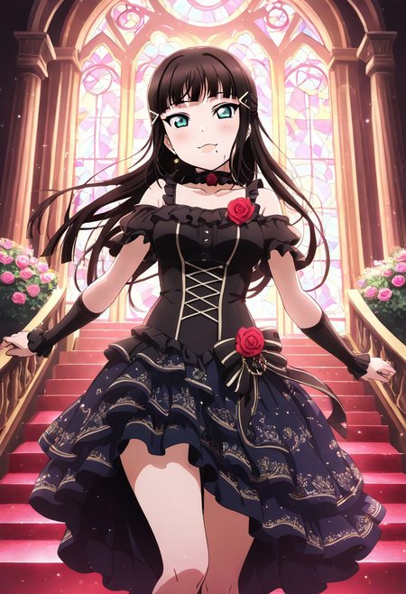 masterpiece, best quality, solo, 1girl, happy, aged up,
 dia_kurosawa, kurosawa_dia, long hair, bangs, black hair, hair ornament, green eyes, sidelocks, hairclip, blunt bangs, mole, mole under mouth, medium breasts, skirt, off-shoulder idol outfit, frilled collar, high-low skirt, gothic elegance, rose choker, dim candlelight stage, baroque arches, stained glass in background, elegant ambiance, dramatic and powerful vibe