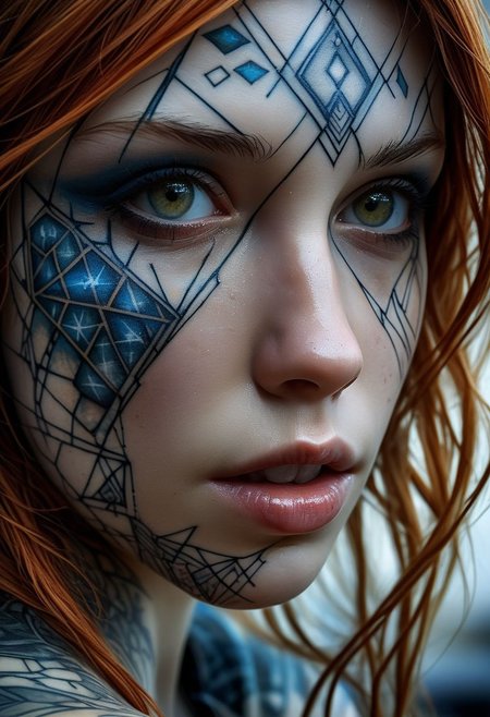 Rune tattoo on girls face, close-up, by Minjae Lee, Carne Griffiths, Emily Kell, Steve McCurry, Geoffroy Thoorens, Aaron Horkey, Jordan Grimmer, Greg Rutkowski, amazing depth, double exposure, surreal, geometric patterns, intricately detailed, bokeh,  perfect balanced, deep fine borders, artistic photorealism , smooth,  great masterwork by Suiras  <lora:add-detail-xl:2>  <lora:Double_Exposure:0.5>