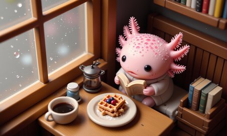 top down tilt shift image of tiny cute anthropomorphized axolotls with pink frilly gills and round black eyes,  side view of a pink axolotl in a tiny cafÃ© nook by a window, reading a miniature book while enjoying a small stack of waffles with powdered sugar and berry compote; its round black eyes are focused on the book, and its frilly gills sway gently as it sips a tiny cup of coffee; raindrops trickle down the window, casting soft, reflective shadows, and the tilt-shift effect blurs the nearby wooden tables, shelves lined with books, and soft lighting, creating a peaceful, cozy reading atmosphere<lora:Axomodel_Flux_V2.safetensors:1.0:1.0> <lora:isometric.safetensors:1:1>