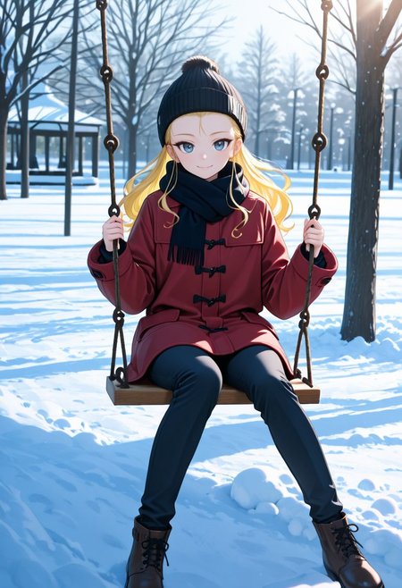 masterpiece,best quality,absurdres,highres,very aesthetic,high quality,detailed,insanely detailed,beautiful,perfect lighting, looking at viewer, 
 <lora:Assam illu:1> 1girl, hair pulled back, blonde hair, long hair, blue eyes, hair ribbon, black ribbon,  
winter clothes, beanie, scarf, coat, pants, sitting, swinging, outdoors, park, snow, tree, swing, smile,