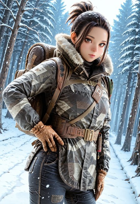 lazypos, masterpiece, best quality, dynamic angle, 1girl, solo, frostr6s, brown hair, dread ponytail, short hair, brown eyes, winter coat, jeans, backpack, brown gloves, hand on hip, snowing, forest, detailed scenery, looking at viewer