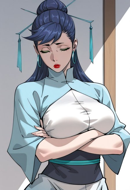 masterpiece, best quality, amazing quality, absurdres, highres,
nangong, 1gir, green eyes, blue hair, lipstick, red lips, hair ornament, hoop earrings, single hair bun, hair behind ear, breasts, 
dim lighting, dynamic pose, looking at viewer, glowing theme, arms crossed under breasts, sexy, looking away, dissatisfied, closed eyes