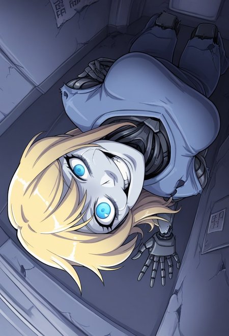 Ellie Buckingham, ((Bright Blond hair)), Blond Hair, Blond Bright blue eyes. Western Style Artwork. Bold Lines, 
high detail, high res, detailed eyes
masterpiece, good quality, best quality, robot girl, missing eye, crazy, creepy, horror, grin, 1girl, broken, R3troCRTGr33n, monochrome,security footage, dark themed,  framed, from above, from angle, hanging jaw, headtilt, damaged robot, missing arm