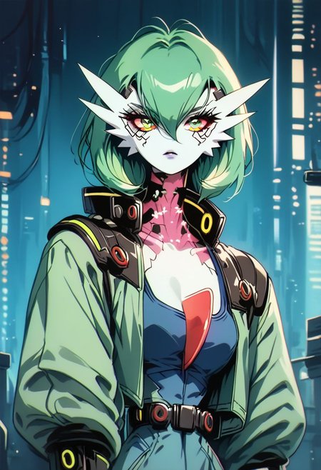 score_9, score_8_up, score_8, 
1girl, solo,
gardevoir, green_hair, green_skin, hair_over_one_eye,
(cyberpunk:1.1),