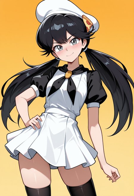 highres, best quality, masterpiece, yellow background, orange background, gradient background, 
1girl, solo, pprmoc, black hair, long hair, low twintails, grey eyes, retro artstyle,
hat, white headwear, pizza slice hair ornament, white dress, black neckerchief, puffy short sleeves, black sleeves, black thighhighs,
looking at viewer, blush, smile, serious, head tilt,
contrapposto, hand on own hip,
<lora:_peppina_ramen_ketrindarkdragon-oc-elesico-ilxlE:1>