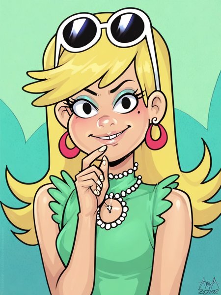 score_9, score_8_up, score_7_up, score_6_up, score_5_up,
Leni Loud, blonde hair, long hair, black eyes,earrings, sunglasses on head, green dress, sleeveless dress,
, 1girl, solo, looking at viewer
, aaaninja <lora:AAANinja:1> <lora:Leni_LoudV1:0.4>