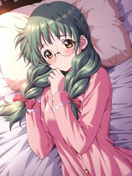 masterpiece,best quality,amazing quality,very aesthetic,absurdres,newest,scenery,<lora:Saitou Chihiro_ilxl_v1-000010:1>,1girl,solo,glasses,green hair,braid,twin braids,hair over shoulder,long hair,looking at viewer,round eyewear,brown eyes,twintails,saitou chihiro,shy,pajamas,ribbon,lying,on bed,pillow,