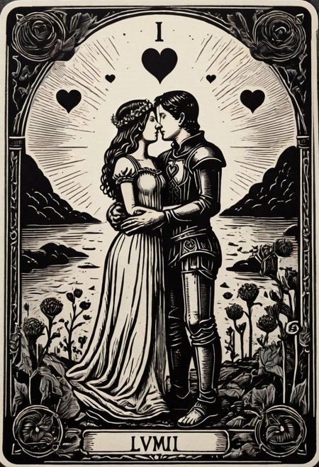 tarot_card, lovers, front perspective, flat, frame,( square:1.1), (white outline:1.2)  <lora:tarot_card:1>