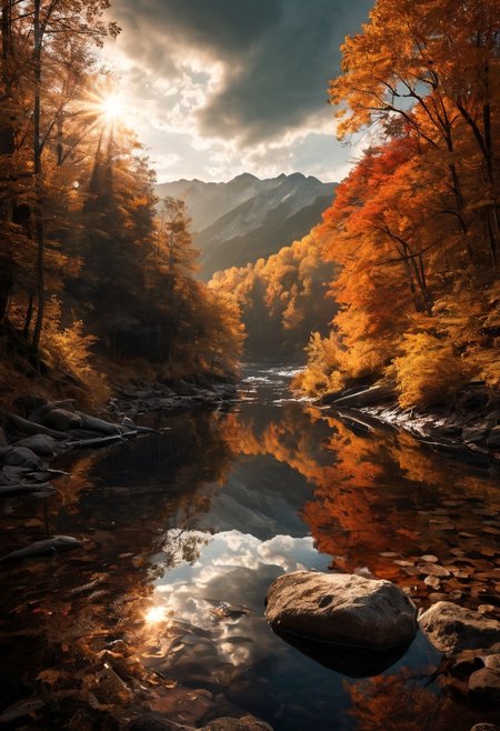 Breathtaking views, nostalgia, detailed landscape, captivating, a harmony of nostalgia and innovation, great lighting, Nature, autumn leaves, fall, forests, campfire a rivers, the light from fire lit up the river, sun, sunlight, beautiful rivers, double exposure, beautiful view, mysterious glow, beautiful clouds, depth of field, masterpiece, best quality, 8k, ultra-detailed, very aesthetic, illustration, superb composition, finest details, , intricate details, absurdres, high contrast, RAW, concept art,
